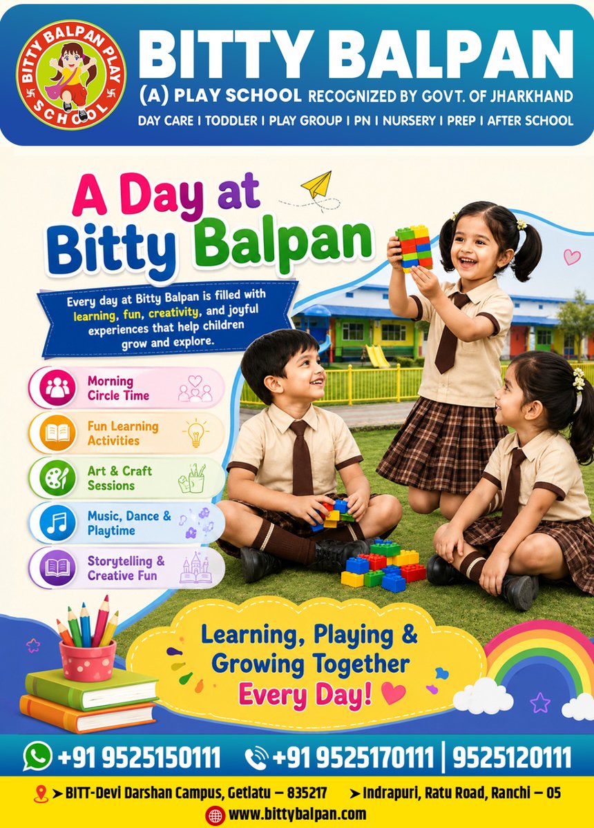 bittybalpan's tweet photo. 🎈✨ A Day Full of Learning, Fun & Smiles at Bitty Balpan! ✨🎈
📍 BITT-Devi Darshan Campus, Getlatu - Ranchi
📍 Indrapuri, Ratu Road, Ranchi
📞 +91 9525150111 | 9525170111 | 9525120111
🌐 https://t.co/PY7GwxqPgd
#BittyBalpan #PlaySchool #DayCare #EarlyLearning #KidsEducation https://t.co/7svn19tcw1