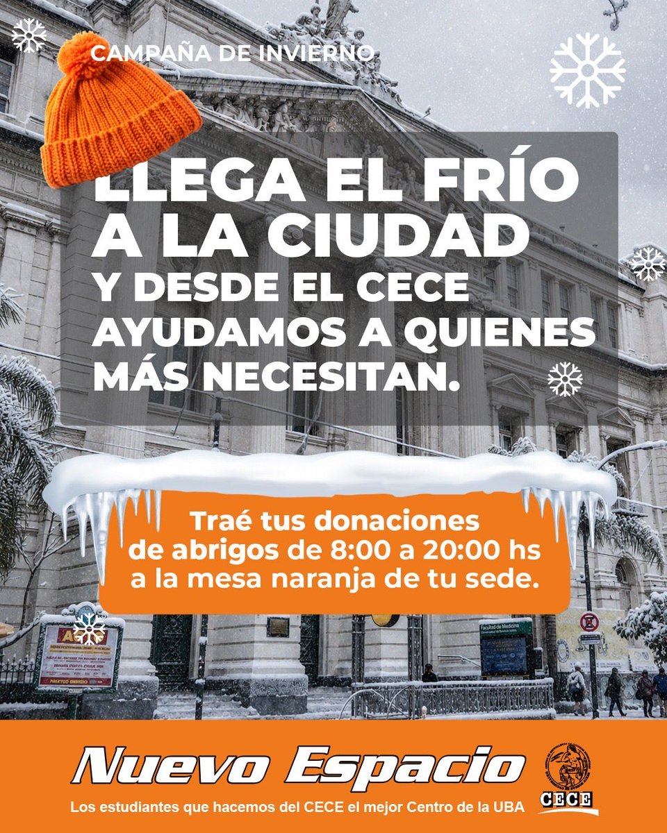 ceceuba's tweet photo. CAMPAÑA DE INVIERNO🧣❄️

Con la llegada de las bajas temperaturas, desde el CECE en conjunto a la FUBA renovamos nuestro compromiso con quienes más lo necesitan. https://t.co/nVfUqXF3LO