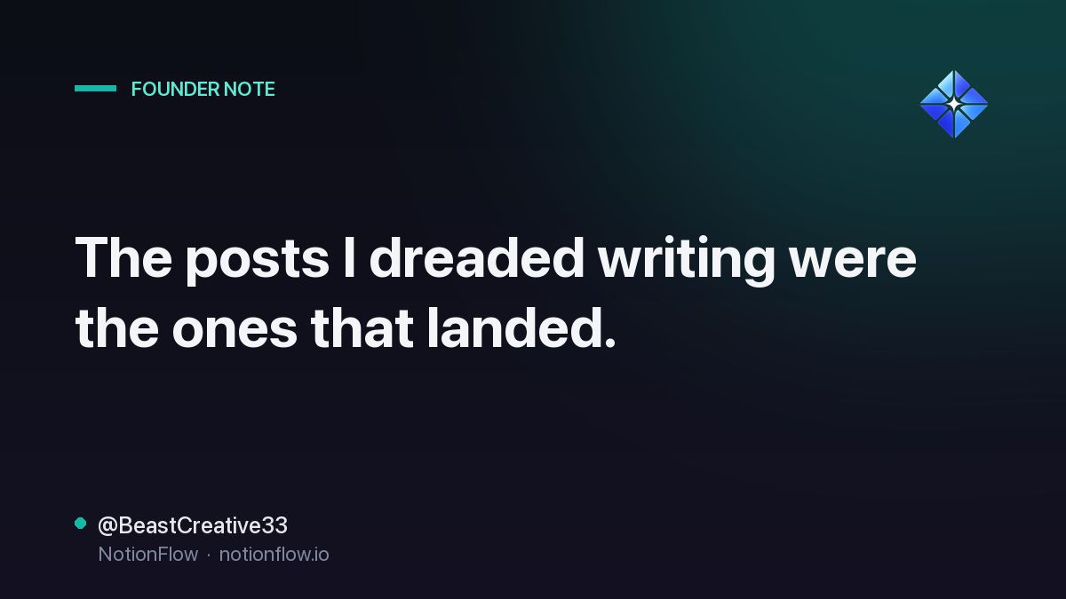 BeastCreative33's tweet photo. The posts I dreaded writing were the ones that landed.

Dread usually means it's honest. A month of daily posting taught me the writing was never for the audience. It was for me. https://t.co/nQvXrb9X30
