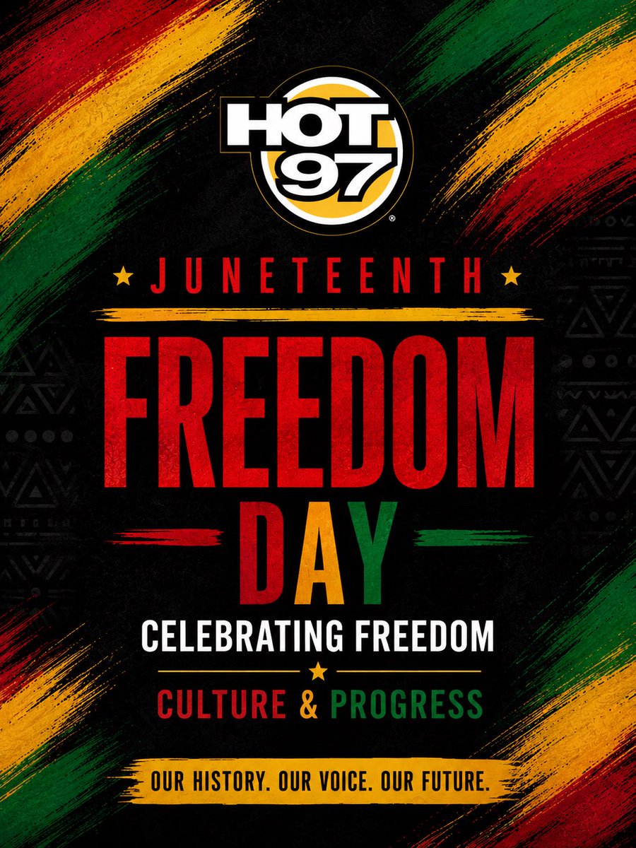 HOT97's tweet photo. Hot 97 celebrates Juneteenth day, a day that honors freedom, resilience, and the rich history that continues to shape our future.
Celebrate the culture, and honor the legacy. Happy Juneteenth! https://t.co/QVfYFrQ2Mz