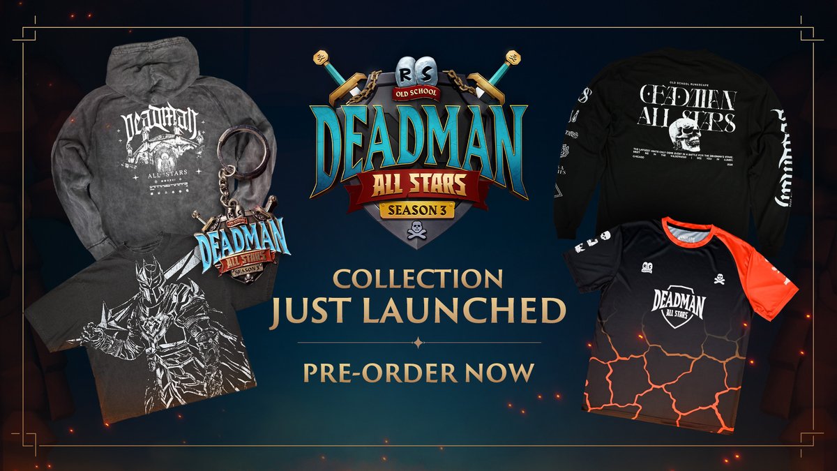 OldSchoolRS's tweet photo. Made for Deadman All Stars. Inspired by OSRS in-game iconography.  🔥 

This new limited-edition collection blends subtle game references with the contemporary streetwear and esports style.

Shop online at: https://t.co/ECdbFb4jcd Orders close 19 July. https://t.co/lVQbUsIShc
