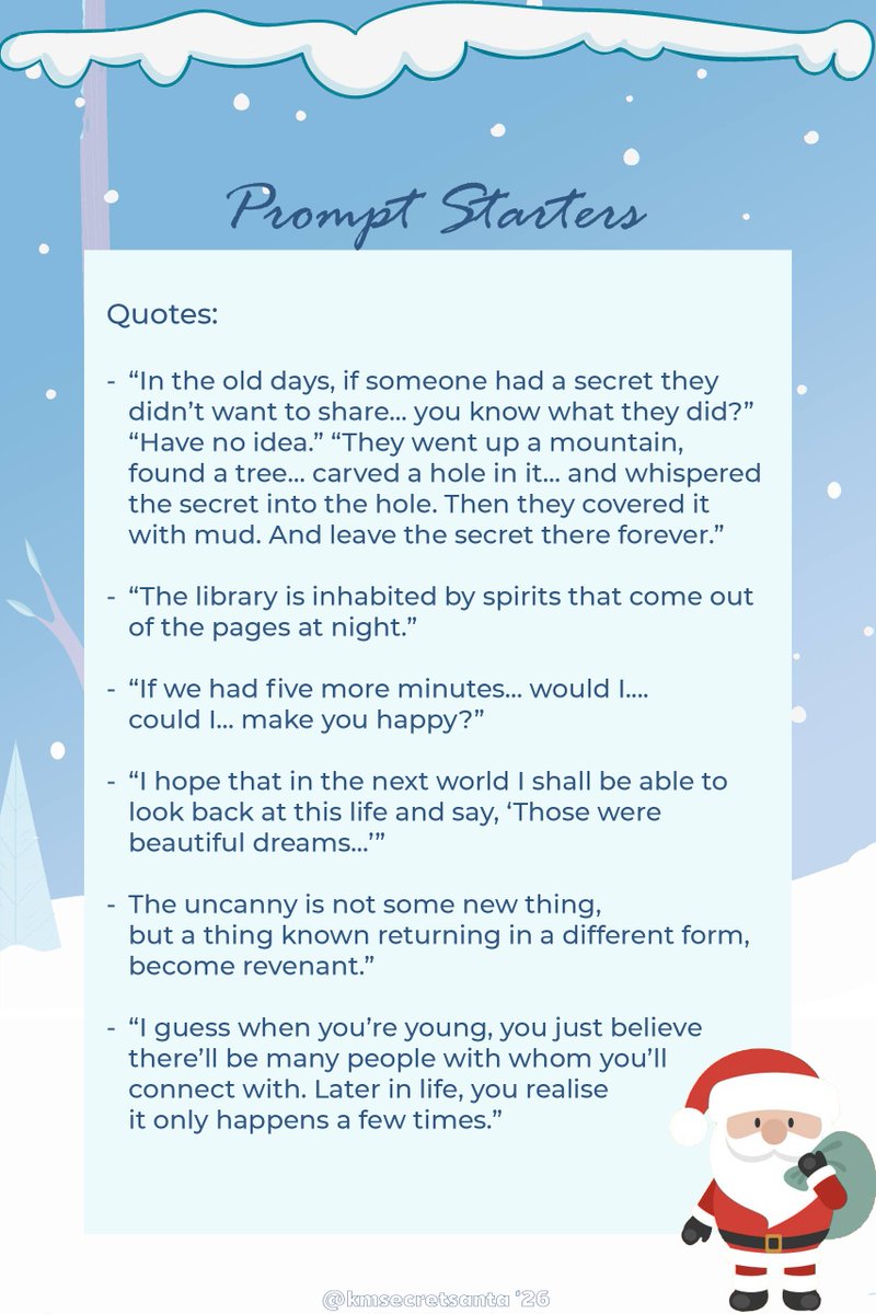 kmsecretsanta's tweet photo. Bonus round: quotes! 

Gentle remind that you only have FIVE DAYS left to sign up for this year's secret santa! 🤍 Sign ups as writer or artist close on June 25, midnight KST ✨

Click on these links to sign up:

Writers: https://t.co/0xQ2MrpGIU
Artists: https://t.co/GHkV4k1Mva https://t.co/ubcP1vvudd