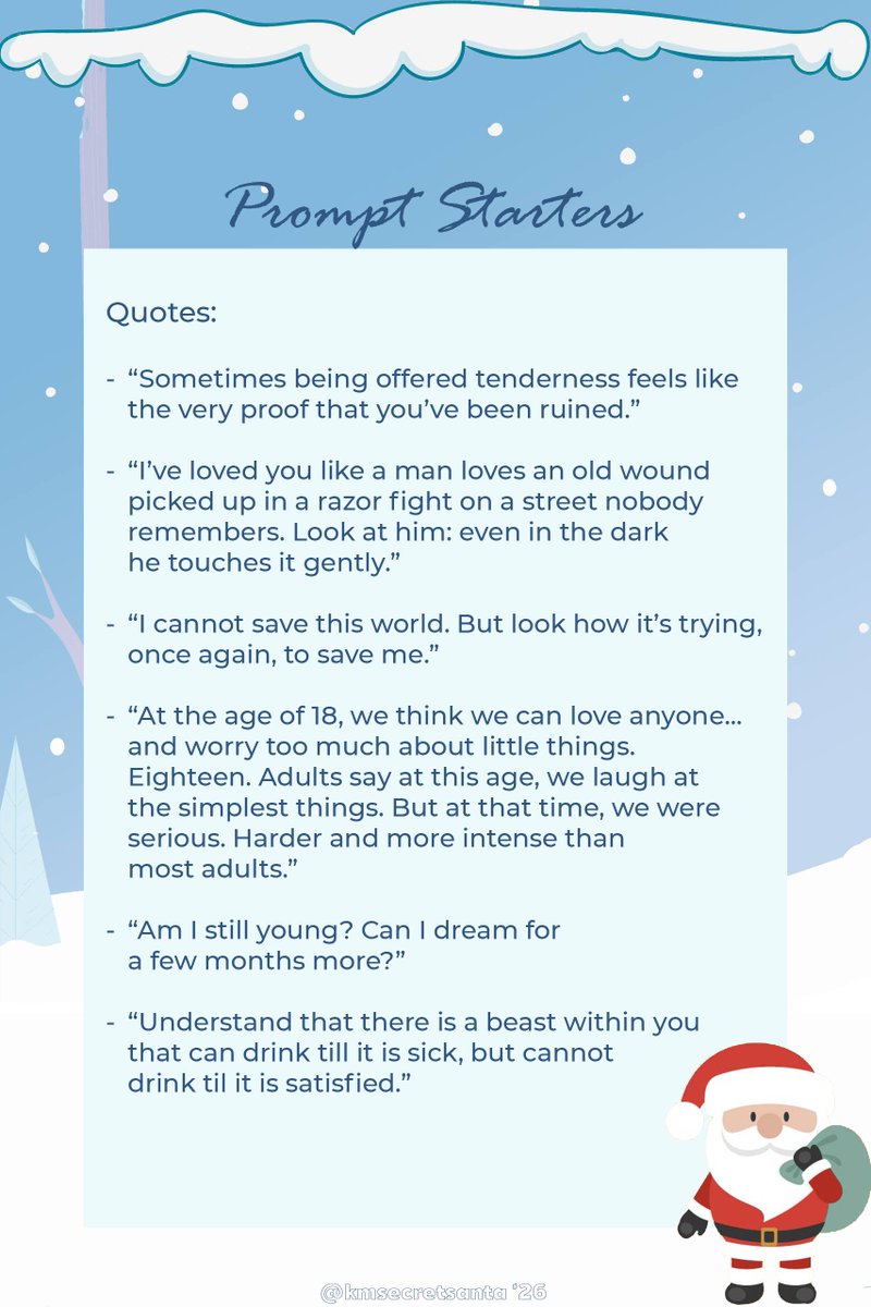kmsecretsanta's tweet photo. Bonus round: quotes! 

Gentle remind that you only have FIVE DAYS left to sign up for this year's secret santa! 🤍 Sign ups as writer or artist close on June 25, midnight KST ✨

Click on these links to sign up:

Writers: https://t.co/0xQ2MrpGIU
Artists: https://t.co/GHkV4k1Mva https://t.co/ubcP1vvudd