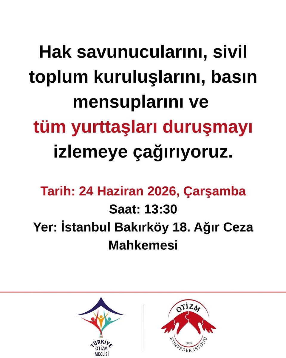 TrOtizmMeclisi's tweet photo. 24 Haziran'da görülecek Uğur Yıldırım davası, yalnızca bir ölüm vakasının yargılandığı bir dava değildir.

21 yaşındaki otizmli Uğur Yıldırım'ın bir bakım merkezinde yaşamını yitirmesinin ardından başlayan adli süreç, bakım merkezlerinin denetimi, engelli bireylerin korunması, hak ihlallerinin ortaya çıkarılması ve adalete erişim açısından önemli soruları gündeme taşımaktadır.

Ne yazık ki bu dava bir ilk değildir.

Son yıllarda farklı illerde ortaya çıkan benzer vakalar, bakım hizmetleri alanında denetim, şeffaflık ve hesap verebilirlik konularının yeniden değerlendirilmesi gerektiğini göstermektedir.

Bu nedenle 24 Haziran'daki duruşmayı önemsiyoruz.

Çünkü bu dava yalnızca geçmişte yaşananların değil, bugün bakım merkezlerinde yaşayan binlerce engelli bireyin geleceğinin de davasıdır.

Türkiye Otizm Meclisi ve Otizm Konfederasyonu olarak hak savunucularını, sivil toplum kuruluşlarını, basın mensuplarını ve tüm yurttaşları duruşmayı takip etmeye davet ediyoruz.

Tarih: 24 Haziran 2026, Çarşamba
Saat: 13:30
Yer: İstanbul Bakırköy 18. Ağır Ceza Mahkemesi

@RTErdogan 
@EmineErdogan
@saglikbakanligi 
@saglikcozum 
@tcailesosyal 
@drmemisoglu 
@MahinurOzdemir 
@abakingurlek
@kasapoglu

#UğurYıldırım
#EngelliHakları
#YaşamHakkı
#Adalet
#BakımMerkezleri
@OtizmKonfed