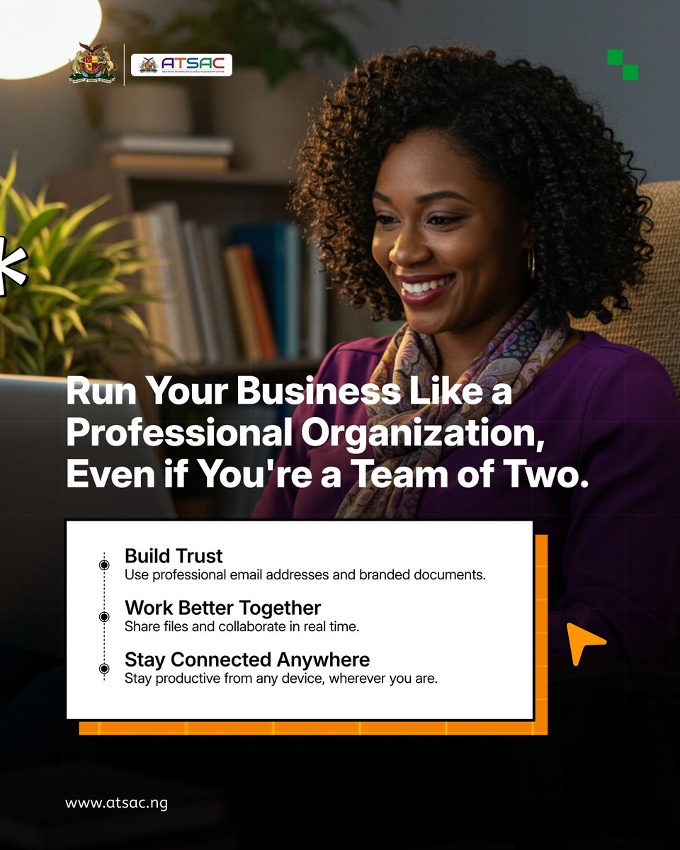 atsac_abia's tweet photo. Technology is not just for big companies. It's for every business ready to work smarter.
The right digital tools can help you save time, stay organized, boost service delivery and grow faster.
#DigitizeAbia #ATSAC #DigitalTransformation #GoogleWorkspace https://t.co/aSAFPUIrhv