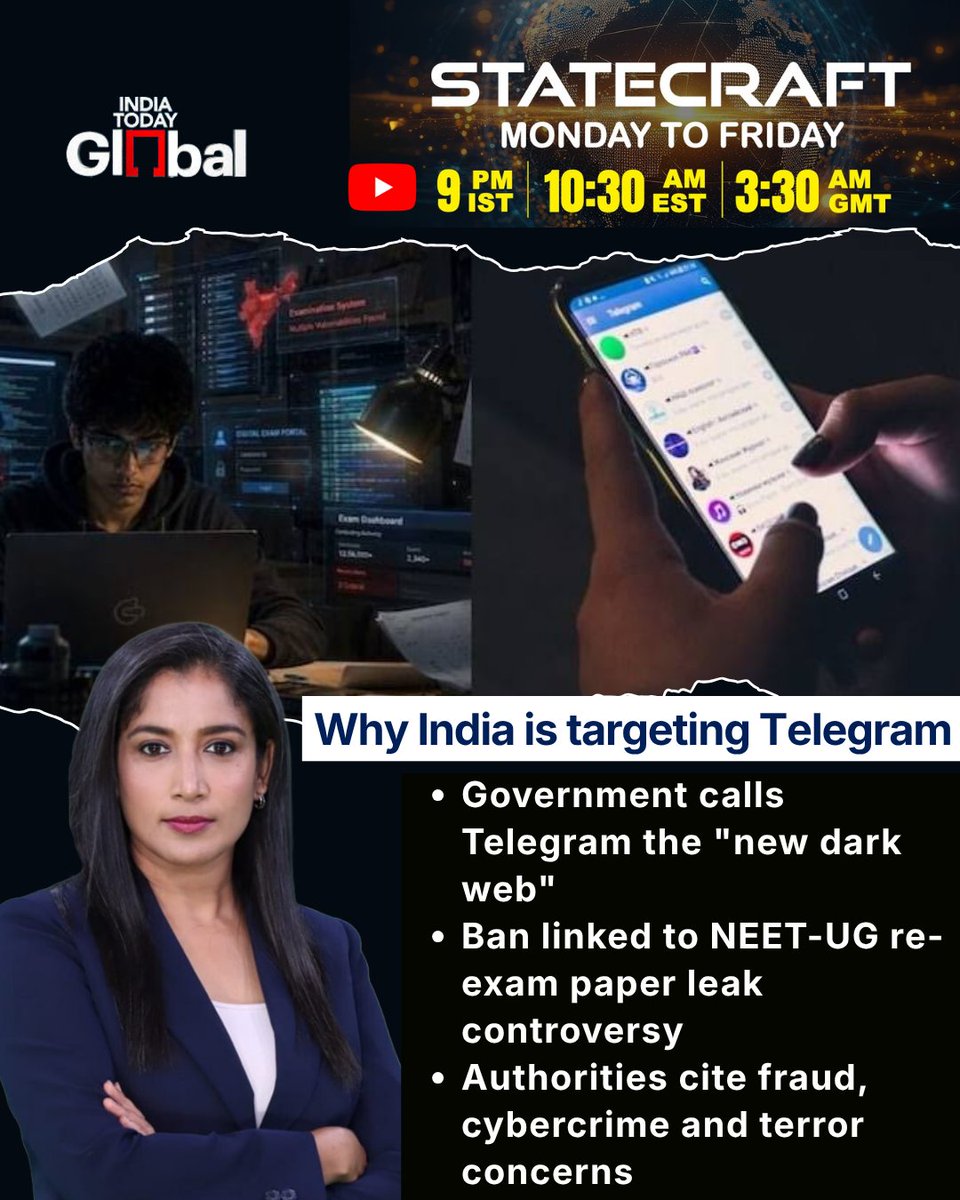ITGGlobal's tweet photo. India's government has described Telegram as the "new dark web", arguing that the platform is increasingly being used for exam fraud, cybercrime, organised criminal activity and even terror-related communication. 

Telegram, however, says the restrictions are unconstitutional and violate users' freedom of speech.

As the Delhi High Court weighs security concerns against digital freedoms, the outcome could redefine how India regulates online platforms.

Watch @Geeta_Mohan on #Statecraft at 9 PM on #IndiaTodayGlobal.

https://t.co/kYKGyEo32y