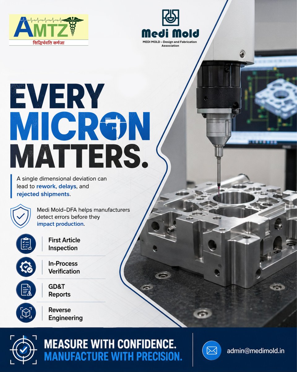 MediMoldDFA's tweet photo. Precision today prevents #production challenges tomorrow.

Through advanced #CMM inspection, First Article Inspection, in-process #verification, &amp; #GD&amp;T reporting, @MediMoldDFA helps #manufacturers catch #dimensional errors early—before they become costly #production challenges. https://t.co/nZ13RE0UJd