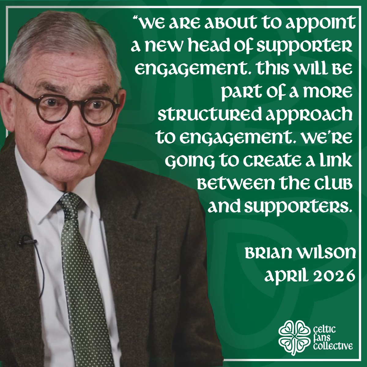 CFC_Collective's tweet photo. Two months ago, Brian Wilson confirmed the Club were on the verge of appointing a new Head of Fan Engagement. There has been no further update. 

Any new fan engagement model is worthless without consultation with supporters. 

When will Celtic speak to fans about their plans? https://t.co/duL3cCG606