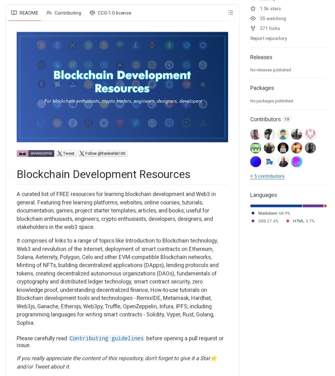 VivekIntel's tweet photo. 🎓 Blockchain Development Resources — One of the Most Comprehensive Free Web3 Learning Collections

Whether you're starting with blockchain fundamentals or diving into smart contract security, DeFi, NFTs, DAOs, and Zero-Knowledge Proofs, this repository brings together hundreds of free learning resources in one place.

What you'll find:

✅ Blockchain & Web3 learning platforms
✅ Solidity, Rust, Vyper, Golang, and smart contract development
✅ Ethereum, Solana, Polygon, Celo, NEAR, Avalanche, and more
✅ Free courses, tutorials, documentation, and books
✅ Smart contract security & auditing resources
✅ DeFi, NFTs, DAOs, and Zero-Knowledge Proofs (ZK)
✅ Developer tools: Hardhat, Foundry, Remix, Ethers.js, Web3.js, OpenZeppelin, IPFS, MetaMask, and more
✅ Blockchain games and hands-on labs for practical learning

Perfect for aspiring blockchain developers, smart contract engineers, Web3 builders, and security researchers.

🔗 https://t.co/QUmERt5SFM

#Blockchain #Web3 #Ethereum #Solidity #SmartContracts #DeFi #NFT #Crypto #Web3Development #LearnToCode #OpenSource #CyberSecurity