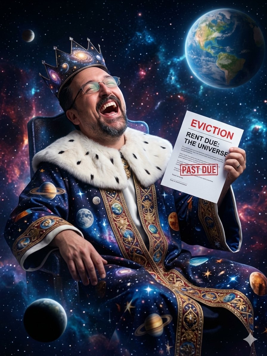 MajorWHowell's tweet photo. #KingOfTheUniverse #HystericalLaughter #RentDue #CelestialKing #PastDue #GalacticKing #KingOfEverything #SpaceRobe #StellarKing #EvictionNotice #KingLife #CosmicComedy #GalacticProblems https://t.co/FV765pQIMP