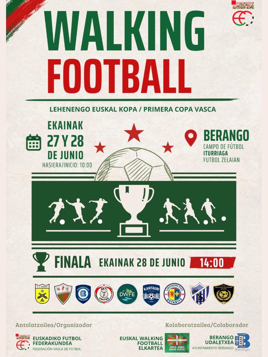 BerangokoUdala's tweet photo. ⚽🚶 Berangon jokatuko da datorren ekainaren 27 eta 28ko asteburuan 'Walking Football' eko lehen Euskal Kopa.
⚽🚶 Berango acogerá el próximo fin de semana del 27 y 28 de junio la primera Copa Vasca de 'Walking Football'.
#berango #kirola #deporte #walkingfootball https://t.co/fd9iZZc4ap