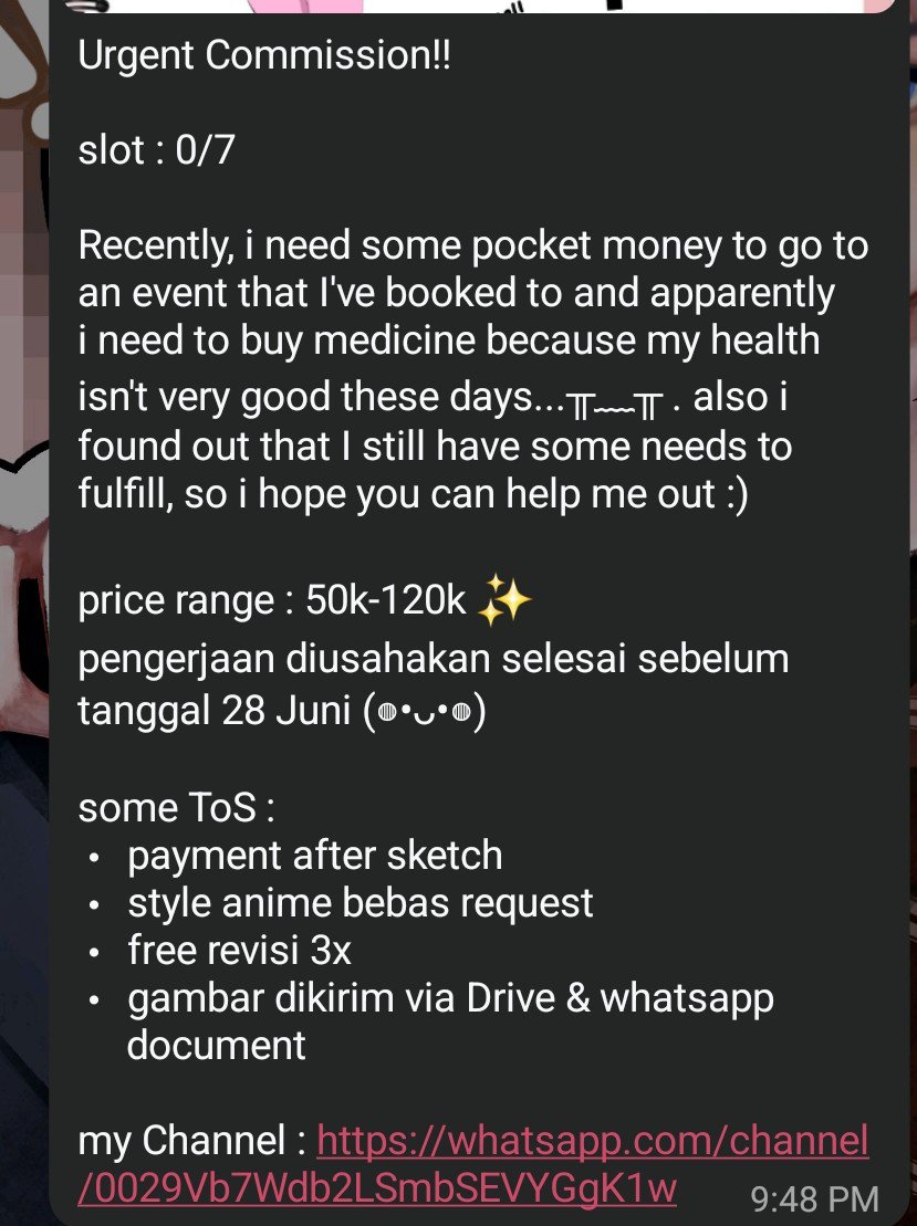 ImbibitorLunxe's tweet photo. [ #WTS #zonauang ] Helping a friend in need!! 

Hi! Temenku Glenchy lagi buka urgent commission and I'm here to help promoting her commission!! https://t.co/9gp68m33yZ