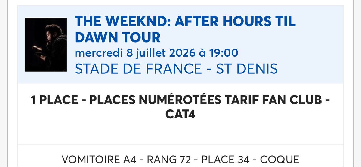 missaranii's tweet photo. Revente The Weeknd Paris 8/07 stade de France vu que la revente officielle est pas ouverte. Je la vends 70€ (prix d’achat) cat 4. Dm sur insta missaranii https://t.co/b7Qt0uktUP