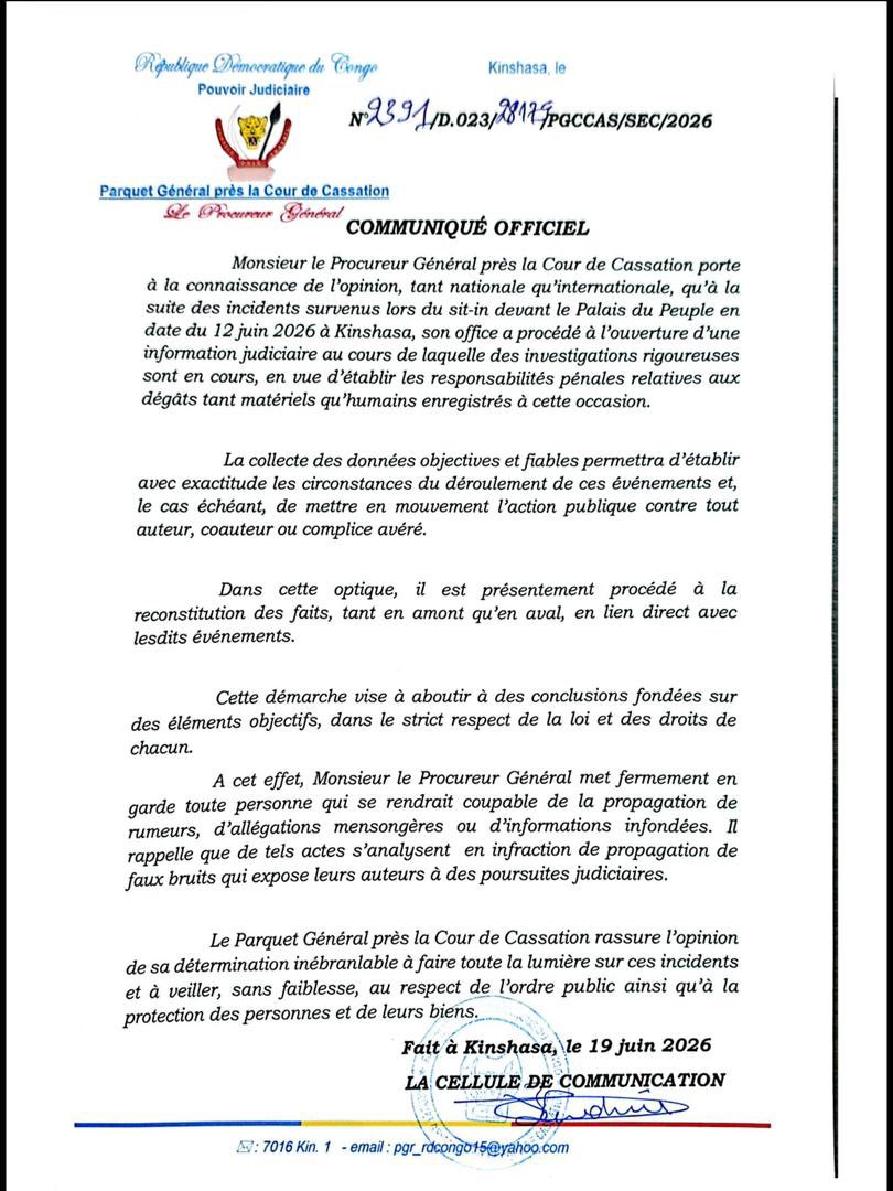 sylvainmukend's tweet photo. #RDC Suite aux incidents du 12 juin au Palais du Peuple, une information judiciaire est ouverte. https://t.co/mPUIBZgaof