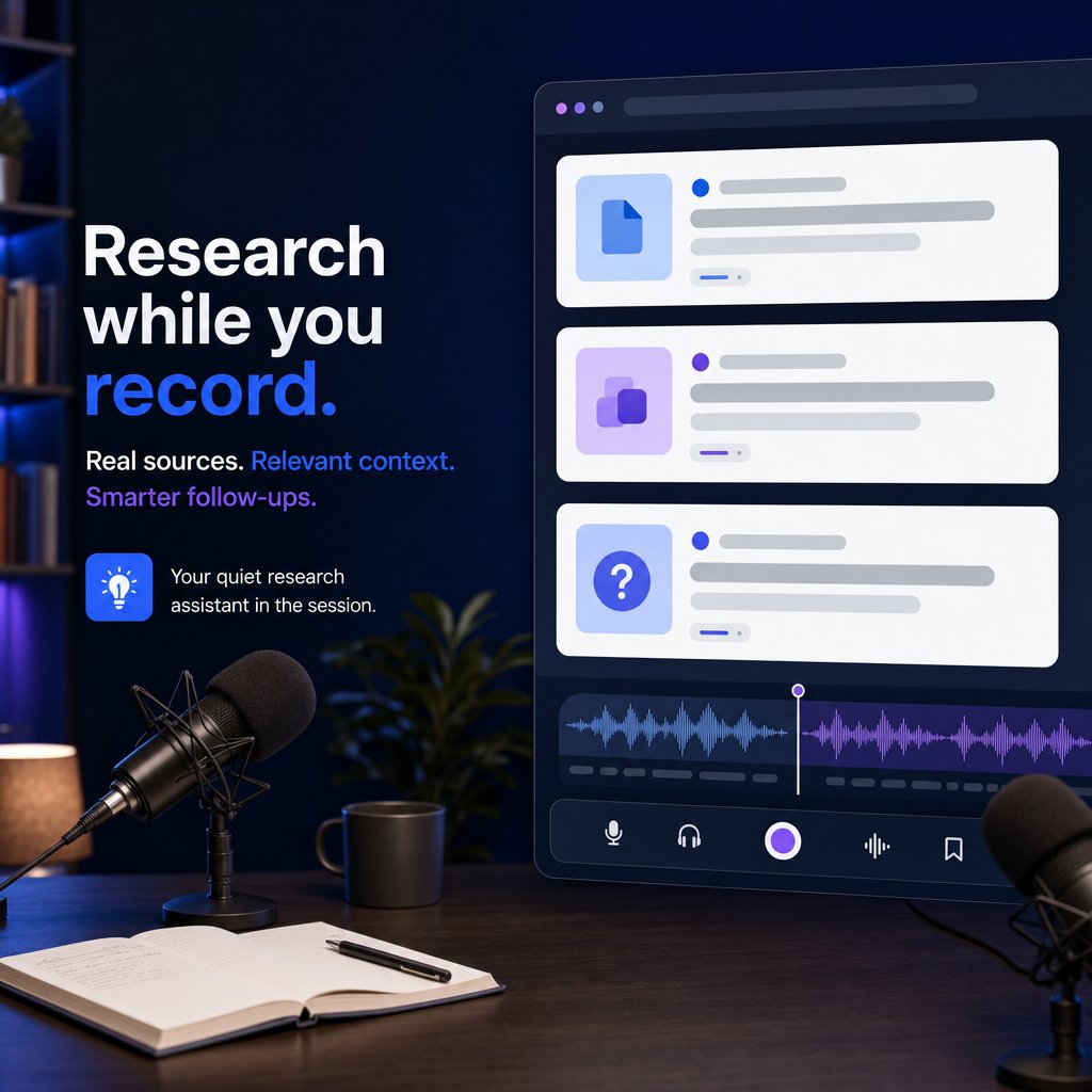 podmodapp's tweet photo. A strong host does not need AI to talk for them.

They need the right detail at the right second.

Podmod is built around that idea: live research, citations, and context cards while the episode is being recorded. https://t.co/dXGbORiY1X