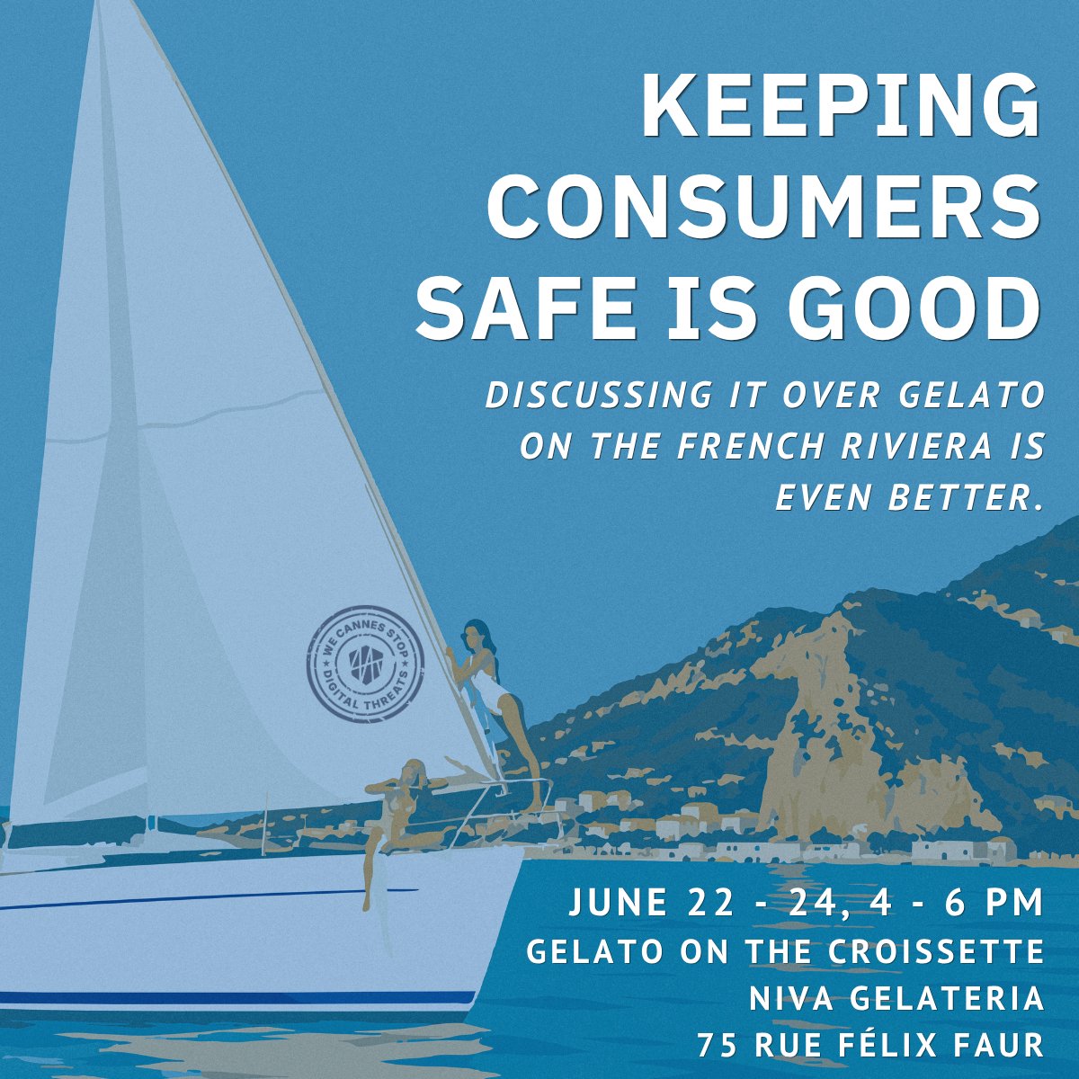 TheMediaTrust's tweet photo. #CannesLions is only a few days away! Take a break from the heat with the Media Trust and our partners to discuss #CybercrimePrevention. Plus, we'll have gelato 😉

June 22: https://t.co/FTYjyWvpso  
June 23-24: https://t.co/3Yun0mDjrr https://t.co/bO6RUWJcIn