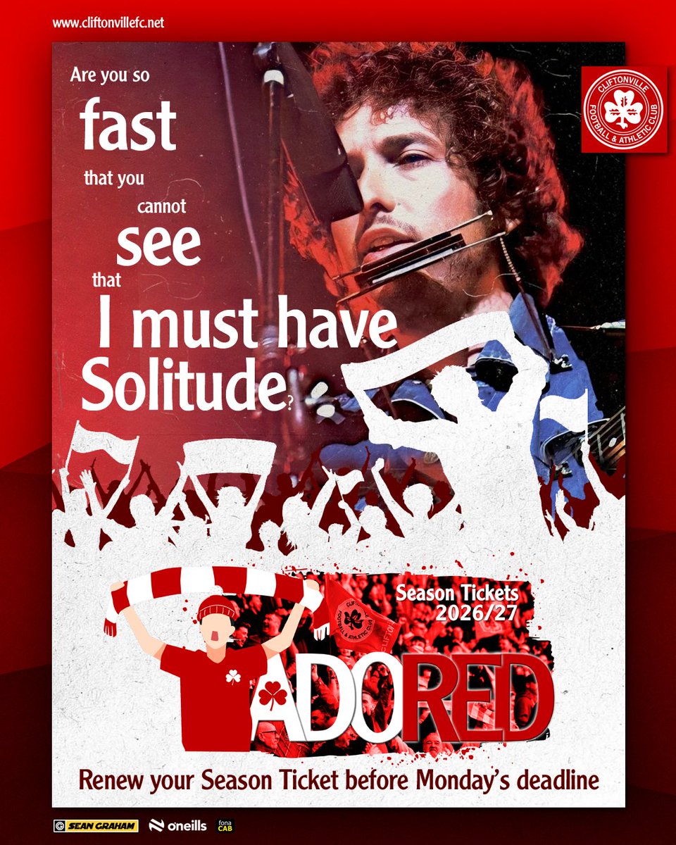 cliftonvillefc's tweet photo. 💳 Anyone who shares @bobdylan's sentiments certainly won't miss Monday's Season Ticket renewal deadline.

➡️ https://t.co/WFOA3y9xgl https://t.co/dNYg8Mfkcv
