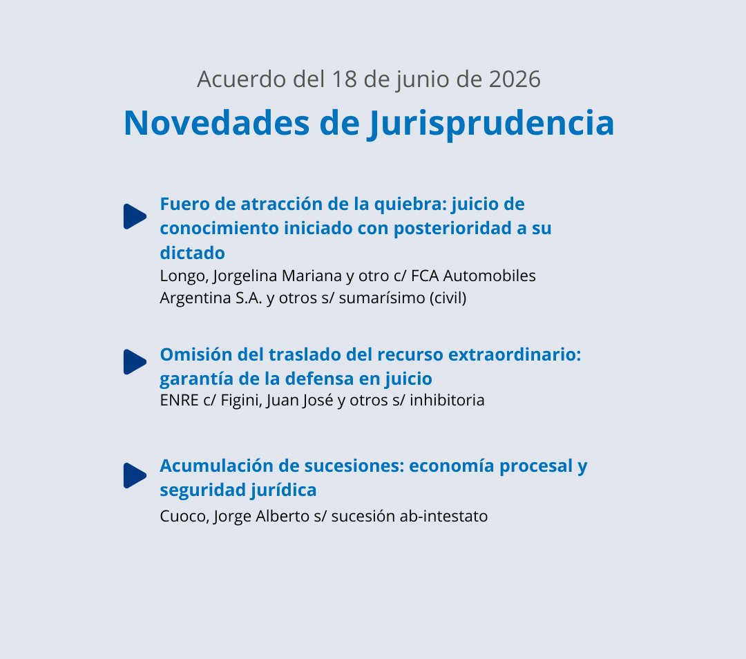 CorteSupremaAR's tweet photo. Resumen de las novedades jurídicas en los fallos del Acuerdo del 18 de junio de 2026 🧵 https://t.co/y7ibanog9Q