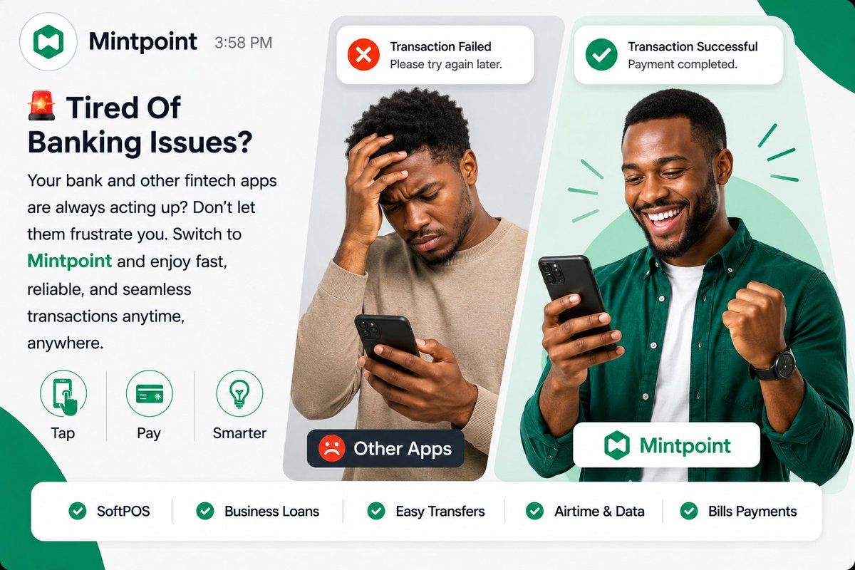 MintpointPOS's tweet photo. Why stress over failed transfers when Mintpoint keeps you moving? From transfers and bill payments to airtime, data, and business loans, Mintpoint gives you a smoother banking experience. Join thousands of users enjoying seamless transactions with Mintpoint.  Fast. Reliable⚡ https://t.co/ghOqY9G7rS