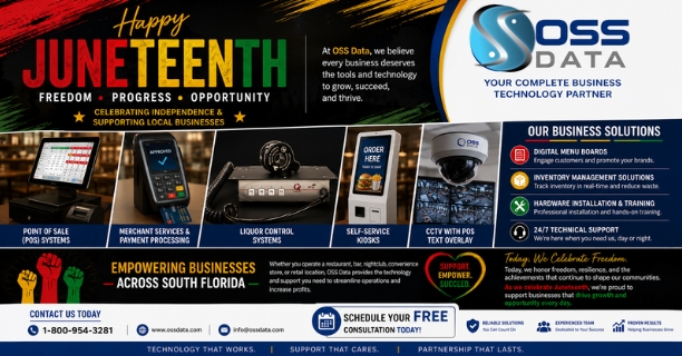 ossdatainc's tweet photo. Today, we celebrate Juneteenth – a day of freedom, progress, and opportunity. At OSS Data, we're proud to support local businesses across South Florida that drive growth and create opportunities every day.

Whether you operate a restaurant, bar, nightclub, or retail location, we're here to help you succeed with award-winning POS solutions, liquor control systems, digital menu boards, and 24/7 support.

Freedom to grow. Progress through technology. Opportunity for every business.

Ready to transform your operations? Schedule your FREE consultation today: 1-800-954-3281 or visit https://t.co/AGE0nEA0wE

#Juneteenth #SmallBusiness #SouthFlorida #POSSystems #BusinessGrowth #SupportLocal