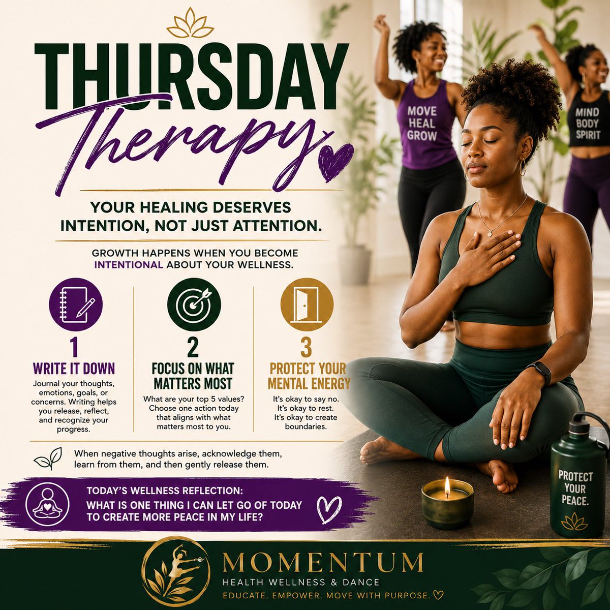 j_luv27's tweet photo. 🧠✨ Thursday Therapy: Protect Your Peace & Choose Healing with Intention 🌿🤍💃🏾 @MomentumDance11 #momentum #wellness #movewithpurpose #peace #nourishyourself https://t.co/AOntt1pyui