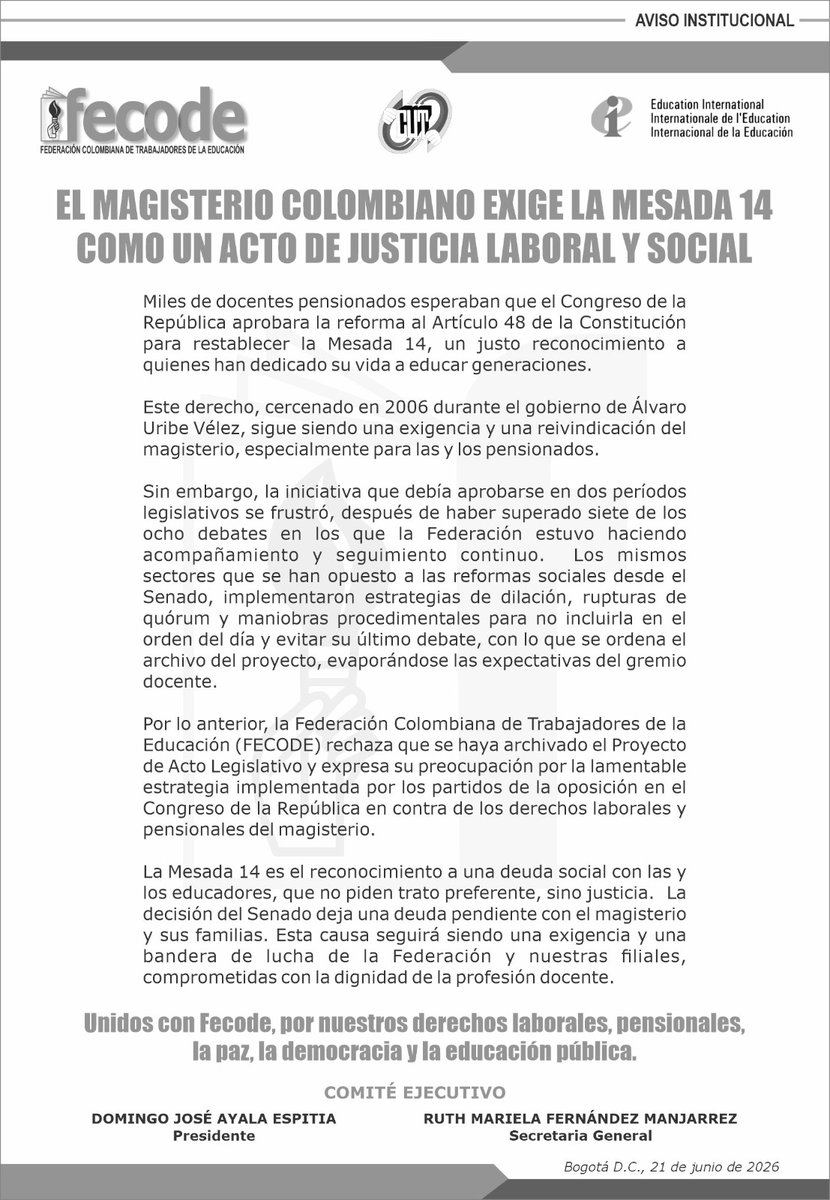 fecode's tweet photo. 📃Comunicado oficial
📄El magisterio colombiano exige la Mesada 14 como un acto de justicia laboral y social
https://t.co/NTibCV4r78 https://t.co/Ggt5vjQROG