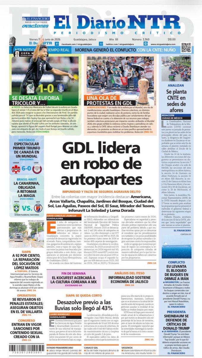 sonia_ssi's tweet photo. Buenos días. En nuestra portada de hoy, Guadalajara es líder en robo de autopartes. La nota de @davidgj71 en @NTRGuadalajara https://t.co/qaS8dt5ose