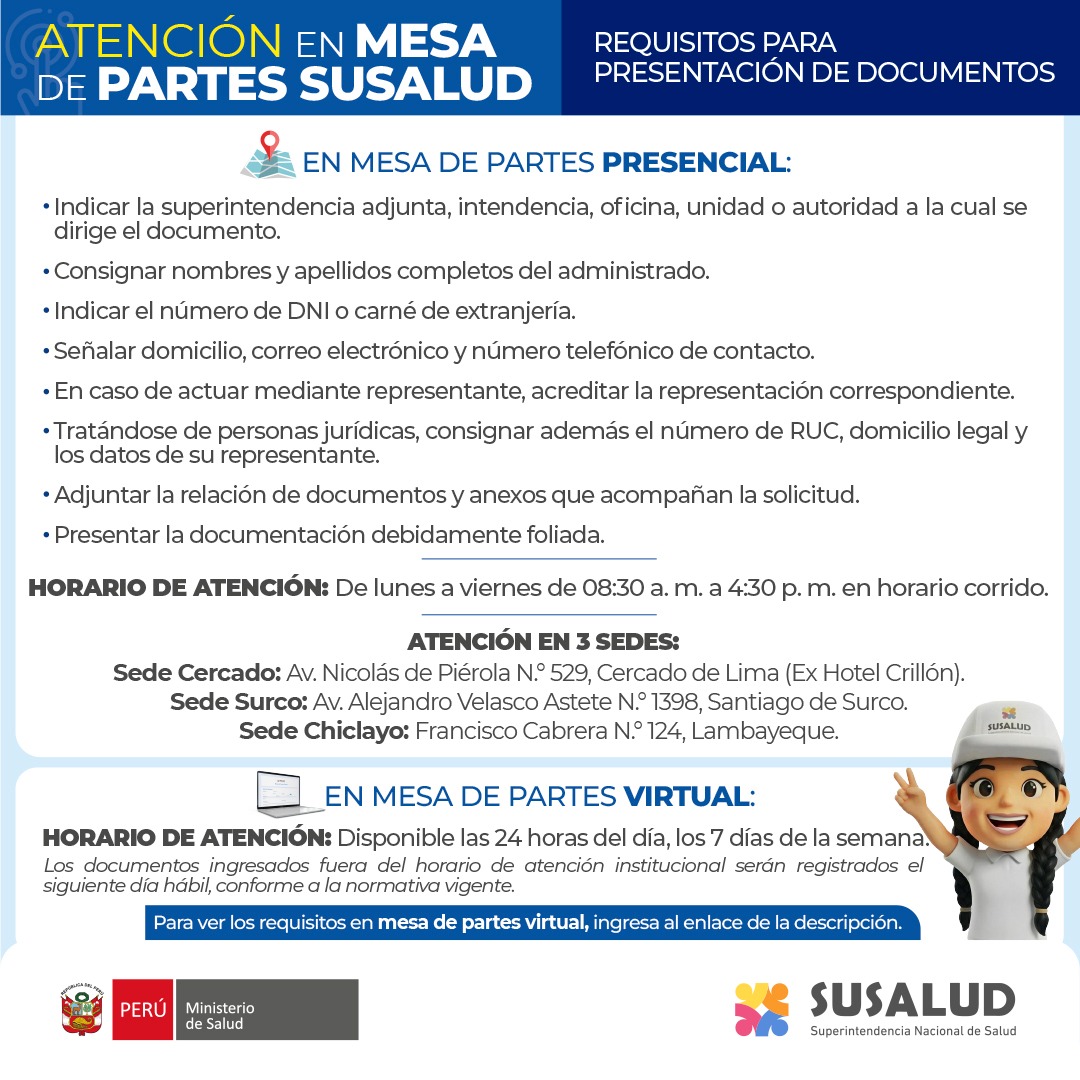 SuSaludPeru's tweet photo. #AlertaNoticiosa 
Conoce los requisitos para presentar documentos por la Mesa de Partes Presencial y Virtual de la @SuSaludPeru.  

Para más información ingresa al enlace 👉🏻 https://t.co/vswRHjNp7i https://t.co/osS1EzLTdr