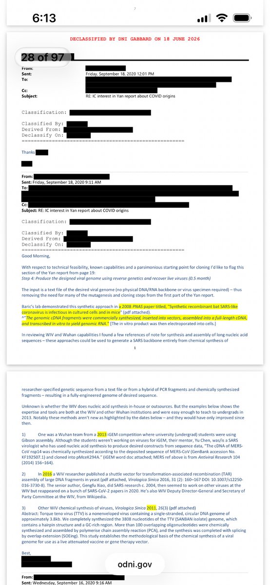 DrLiMengYAN1's tweet photo. This ODNI declassification involves the initial discussions surrounding the release of my First Yan Report on Sep 14, 2020 (https://t.co/Xl75So06p8)
What is shown here is only the tip of the iceberg. These emails expose part of the intense cognitive warfare conducted by the CCP and forces aligned with Fauci to suppress global investigations into the truth of the COVID-19 pandemic, as well as the transnational persecution and suppression of whistleblowers. These revelations deserve careful examination.
Key Points
1.
On the very day I released the 1st Yan Report on the origin of COVID-19, DHS requested that the Intelligence Community analyze and discuss it.
* However, someone within the State Department’s Bureau of Intelligence and Research (INR), without genuinely reviewing the contents, immediately characterized the report as “nonsense,” claiming that its conclusions were inconsistent with the “natural origin” narrative that had been promoted under Fauci’s leadership.
* This raises a critical question:
Was INR misled, or were certain individuals intentionally participating in efforts to suppress investigations into the origin of COVID-19?
* More importantly, the email contains the following statement:
“A couple virologists at State and I reviewed a version of her paper — it's been circulating for at least a month or so.”
This statement is demonstrably false.
* The report was uploaded and published on Zenodo at approximately 9:00 a.m. Eastern Time on September 14, 2020.
One month earlier, the report had not even been completed, and it had not been provided to anyone for review.
How, then, could this individual have seen it “a month earlier”?
2.
The following day, September 15, another effort was made to smear and discredit both me personally and the scientific evidence presented in my COVID-19 origin report by circulating a false narrative published in The Daily Beast.
That article was based entirely on false narratives promoted by the CCP.
* It was fully consistent with the large-scale disinformation campaigns later advanced by the CCP through outlets such as The New York Times, https://t.co/7qpBXxOqLC, and many others, as well as with the CCP’s broader campaign of transnational persecution directed against me.
* BTW, my first Twitter account—which had posted nothing except a link to the Yan Report—was permanently suspended on that very same day.
The suspension shocked observers around the world.
3.
Truth is eventually seen and verified.
On Sep 16, the third day after publication of the First Yan Report, Lawrence Livermore National Laboratory requested that a group discussion (“circle up”) be organized to review the report.
* The reason was straightforward:
They considered portions of the scientific evidence presented in the report to be credible and worthy of further detailed examination.
* They also proposed bringing personnel from Los Alamos National Laboratory into the discussion.
4.
As additional members of the Intelligence Community carefully reviewed the report, a Sep 18 email showed that, based on the important illustration in the Yan Report describing the technical feasibility of laboratory synthesis of SARS-CoV-2, together with the report’s extensive chain of evidence built from hundreds of scientific references, analysts had already confirmed that the laboratory-origin pathway I described was technically feasible.
* The email further noted that these methods were sufficiently mature that even undergraduate students could readily learn and apply them, and that the evidence pointed directly toward the Wuhan Institute of Virology.
* This is particularly significant because Fauci and the CCP were aggressively insisting at the time that a laboratory origin was “technically impossible.”
5.
It is important to remember that by following the technical pathway laid out in the Yan Reports, investigators can conclusively establish that the CCP’s military-civil fusion biological weapons system—represented by the Wuhan Institute of Virology—possessed the relevant capabilities, researchers, scientific publications, and research foundation necessary to conduct such work.
The same evidence also exposes the false “scientific research” narratives regarding viral origins that were jointly promoted by the CCP and Fauci-associated interests.
Furthermore, the evidence points directly and unequivocally to the coronaviruses ZC45 and/or ZXC21, originally discovered by the PLA in bat populations near Zhoushan in 2017, as the true templates of SARS-CoV-2.
6.
As I keep telling the world, COVID-19 virus is an Unrestricted Bioweapon. Xi Jinping-CCP developed and released it intentionally and caused the historical disaster! Hold it accountable and prevent it in the future!