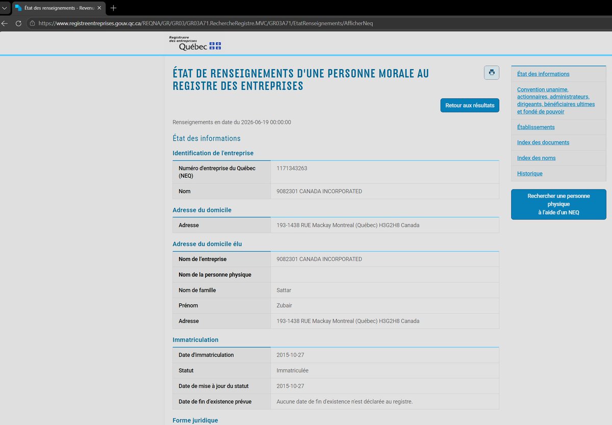 l3v1at4an's tweet photo. Our account and @NatashaMontreal was locked for 24 hours & forced to remove a post due to a series of reports from Zubair "Danny" Sattar, the individual we uncovered for wanting Jews to burn in ovens.

Our appeal was denied & we were forced unwillingly to accept responsibility to gain entry back into our account.

NONE of the information we provided was deemed private or confidential as Zubair "Danny" Sattar is a business owner in Montreal and his business information was extracted from the Quebec business registrar. 

@X @nikitabier @elonmusk can you indicate what the "private" information is here showing a screen capture directly from the public Quebec Registraire des Enteprises? 

As per the norm with our account, we come under heavy fire with false reports despite us strongly adhering to the Terms & Policy by ensuring NOTHING is indicative of doxxing (personal citizen information) and instead we get censored for our honest & accurate reporting.

Our freedom to report legally & within X policy is under attack as it has been for the past 2.5 years.

Instead X is giving cover to a dangerous man calling for the mass murder of Jews while living in a heavily Orthodox Jewish community. 

And for Neo-Nazi Zubair "Danny" Sattar: trying to silence us only makes us much stronger & gives your words far more exposure than without reporting our posts.