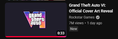RockstarSpaces's tweet photo. GTA VI Cover Art Reveal video has reached 7M views in 1 day on Youtube. https://t.co/jZrnvrA0WR