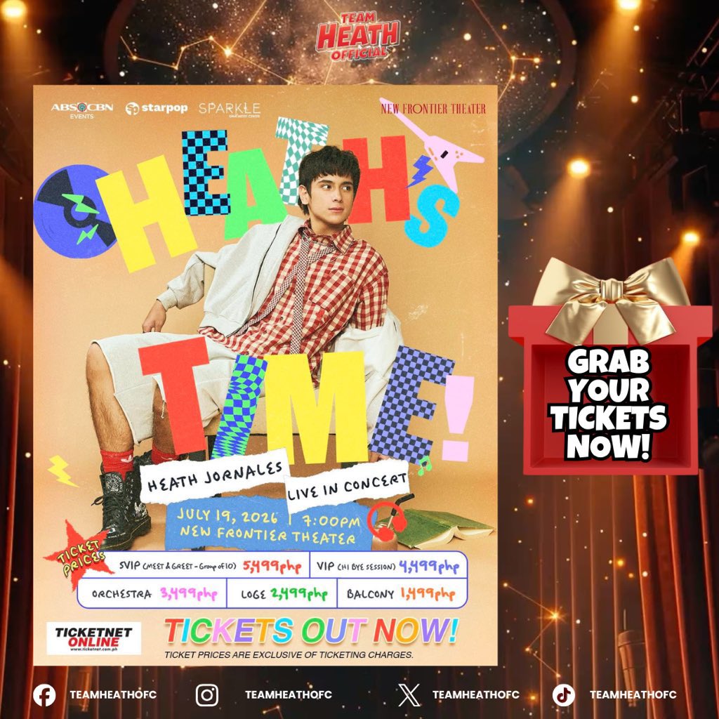 TeamHeathOfc's tweet photo. 🎶 Only 31 days left until Heath’s Time! 🎶

The countdown is on — in just 31 days, Heath will step into the spotlight for his Album Launch and Concert. 🌟

Each day brings us closer to witnessing his passion, music, and brilliance live on stage.

This is our moment to unite as Moyers, let’s fill the venue with love, cheers, and unwavering support. 

Secure your tickets now and be part of this unforgettable night where Heath shines brighter than ever! 🎤✨

Get your tickets now❤️

🎟️ https://t.co/zH6jl02FjW…

HEATHs JOLLIBEEDA KAY DADA
#FatherSonMOYments 

𝗛𝗘𝗔𝗧𝗛 𝗝𝗢𝗥𝗡𝗔𝗟𝗘𝗦 𝗟𝗜𝗩𝗘 𝗜𝗡 𝗖𝗢𝗡𝗖𝗘𝗥𝗧
📍 New Frontier Theater
🗓️ July 19, 2026