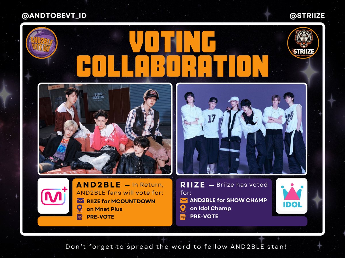 ANDTOBEVT_ID's tweet photo. 🏷️ VOTING COLLABORATION with @STRIIZE

✅ COLLAB ACCEPTED — PAYBACK TIME! 🤝🏻

Hallo AND2BLE Fans ♡

Pada periode Show Champion Pre-Votes “Curious”, BRIIZE telah memberikan dukungan kepada AND2BLE melalui kolaborasi dengan @STRIIZE.

Kini saatnya kita mengembalikan dukungan tersebut dengan membantu RIIZE pada voting berikut ☘️

🗳️ [EP.934] PRE-VOTE | MCOUNTDOWN RIIZE — DO YOUR DANCE
📲 Vote on Mnet Plus App
📅 19 Juni, 22.00 WIB – 23 Juni, 22.00 WIB
✅ 1 Proof = 5 Votes

⚠️ Proof Counted Valid:
• Screenshot tanpa crop (jam terlihat)
• Gunakan watermark
• Screenshot berisi 5 votes
• Reply menggunakan hashtag #AND2BLEXRIIZE
• Kirim proof melalui reply thread pada tanggal yang tertera di bawah

‼️Mohon pastikan proof yang dikirim sesuai ketentuan agar dapat dihitung valid.

Terima kasih kepada BRIIZE dan Tim @STRIIZE atas dukungan yang telah diberikan kepada AND2BLE 🫰🏻

Semangat AND2BLE Fans ♡

#AND2BLEXRIIZE
#AND2BLE #RIIZE