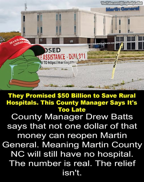 JamesTate121's tweet photo. When Stanley Sears, 50, had a heart attack in Martin County, North Carolina, emergency crews worked on him for half an hour and couldn't stabilize him for the 20-mile drive — because the hospital in his own county was closed.
Martin General shut down in August 2023 when Quorum Health filed for bankruptcy. He didn't make it.
Republicans wrote a $50 billion rural health fund into the One Big Beautiful Bill and sold it as the lifeline.
North Carolina's share is $213 million. And County Manager Drew Batts will tell you flatly that not one dollar of it can reopen Martin General — the money goes to existing organizations, and federal rules cap how much can go to construction.
So the county is now scraping together $1.5 million of its own to buy paramedic units, because their ambulances don't even carry paramedics.
The number is real. The relief isn't. It was designed to be said, not spent.
Watch: https://t.co/B7DyybtRpS