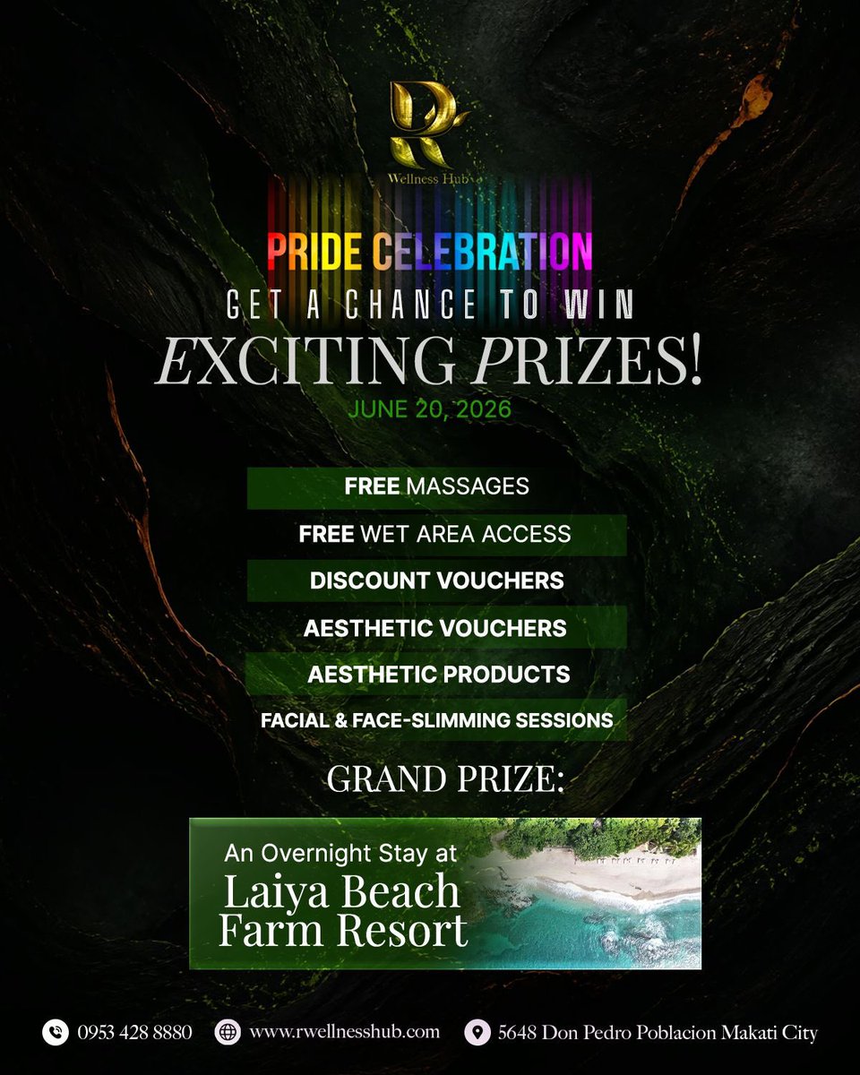 RWellnessHubMnl's tweet photo. Come for the Pride. Stay for the surprises. 🏳️‍🌈

Celebrate with us on June 20, 2026 (Saturday) and get a chance to win exciting prizes while enjoying a night of connection, relaxation, and community. 💛 #RWellnessHub https://t.co/n33nMkyo8U