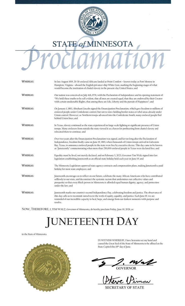 GovTimWalz's tweet photo. Juneteenth is an opportunity to celebrate freedom, recognize the history and contributions of Black Americans, and stand firmly in building a more just and equitable society.

We’re proud to hold it as an official state holiday and a long overdue celebration of independence. https://t.co/kHMsBbS6yN