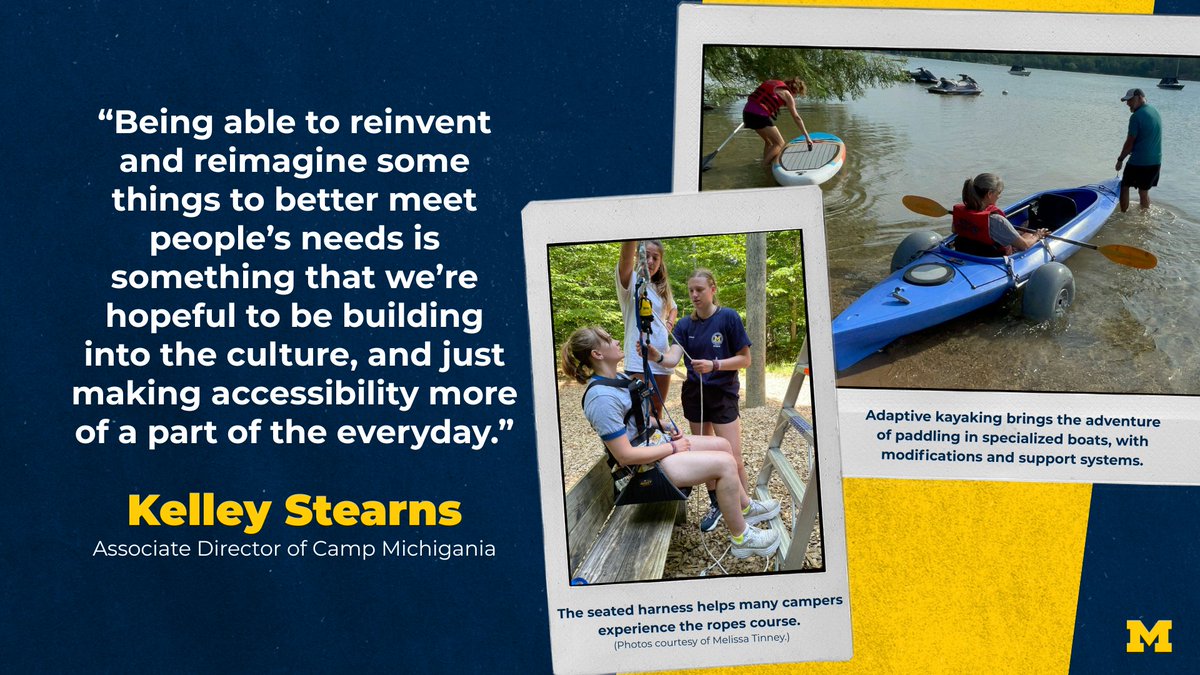UMich's tweet photo. Developed in partnership with the U-M Adaptive and Inclusive Sports Experience, Camp Michigania is making the camp experience more accessible to all by adding adaptive kayaks, trail chairs and ropes harnesses. https://t.co/hO8cRkzMwZ https://t.co/xd5JwuQ9NR