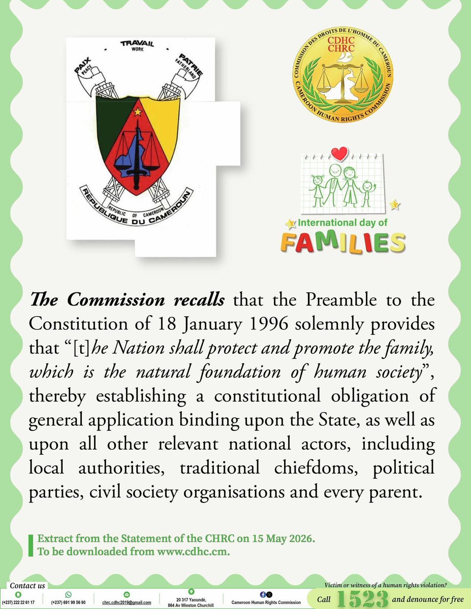 chrc_cdhc's tweet photo. Awareness visuals of the STATEMENT BY THE CAMEROON HUMAN RIGHTS COMMISSION TO MARK THE INTERNATIONAL DAY OF FAMILIES 15 May 2026

Theme.- Families, Inequalities and Child Wellbeing       https://t.co/3DNVFgkGTj

#CHRC
#CDHC
#1523 https://t.co/DjpZjqlMVn