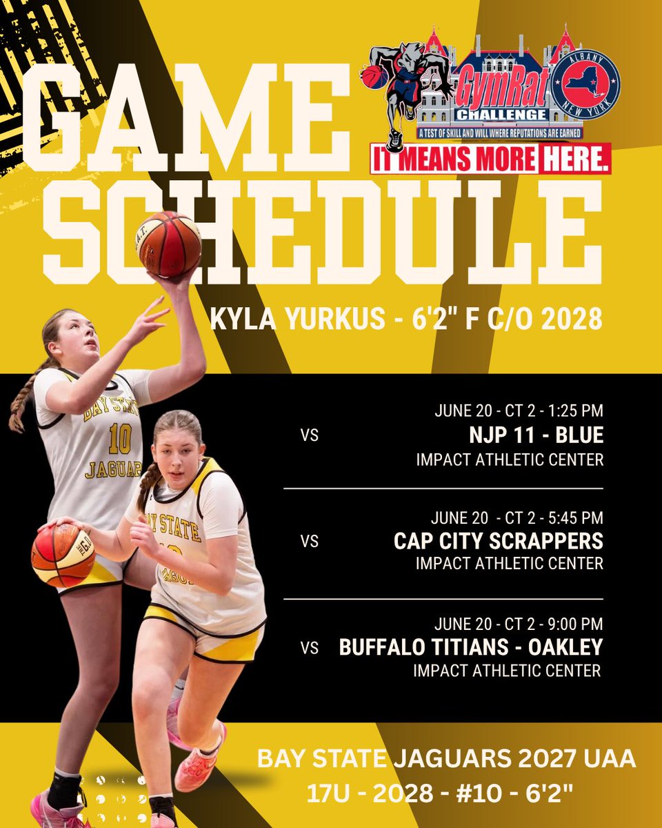 KylaYurkus's tweet photo. So excited to play again in New York this weekend at Gym Rat! Here is my schedule! @BayStateJags @DanB1222 @JagsRecruiting @LaurieBollin https://t.co/5gKU2bCWxd