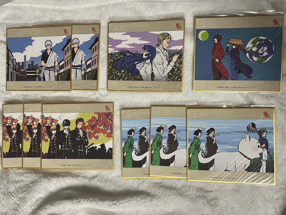 kouyori_z's tweet photo. 銀魂　ナンジャタウン　縁ガラポン　ミニ色紙

譲）画像参照

求）1枚500円＋送料

※推しも含みますが数が多いため出しています
※表面は綺麗ですが、淵の部分など一部へこんだりしてるものがあります。そのため定価より少しお値引きしています。あらかじめご了承ください。
※ゆうちょ銀行のみ https://t.co/NEiWAHQDHV