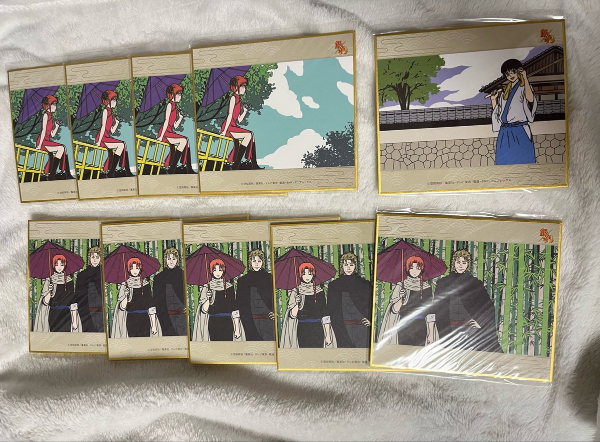 kouyori_z's tweet photo. 銀魂　ナンジャタウン　縁ガラポン　ミニ色紙

譲）画像参照

求）1枚500円＋送料

※推しも含みますが数が多いため出しています
※表面は綺麗ですが、淵の部分など一部へこんだりしてるものがあります。そのため定価より少しお値引きしています。あらかじめご了承ください。
※ゆうちょ銀行のみ https://t.co/NEiWAHQDHV