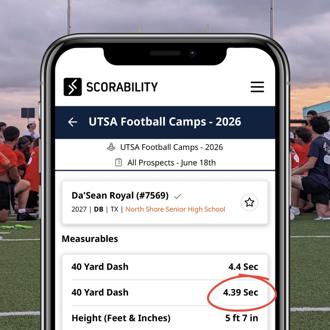 scorability's tweet photo. SPEED ALERT! ⚡️Scorability Sub-4.4 Second 40-yard dash at @UTSAFTBL camp! Let’s go @dasean_jr1 from @NSNationFB 🚀 https://t.co/dAB4Ugklhu