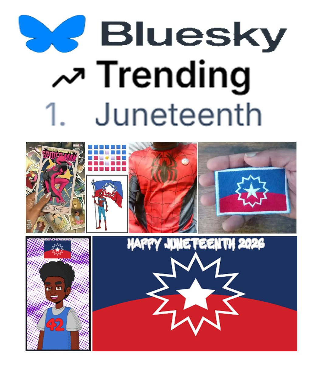 42GraffitiRizz's tweet photo. It's JUNE!!!

🟦🟦🟦🟦🟦🟦🟦
🟦🟦🟦⬜️🟦🟦🟦
🟦🟥⬜️🌟⬜️🟥🟦
🟥🟥🟥⬜️🟥🟥🟥
🟥🟥🟥🟥🟥🟥🟥

❤️🤍💙 Happy #Juneteenth 2026 ❤️🤍💙

This is how I'm celebrating, as Spider-Man.
I made my own Juneteenth badge and my patch.

#spiderman #spiderverse #milesmorales #fanart #animation https://t.co/RQ8nR2o49w