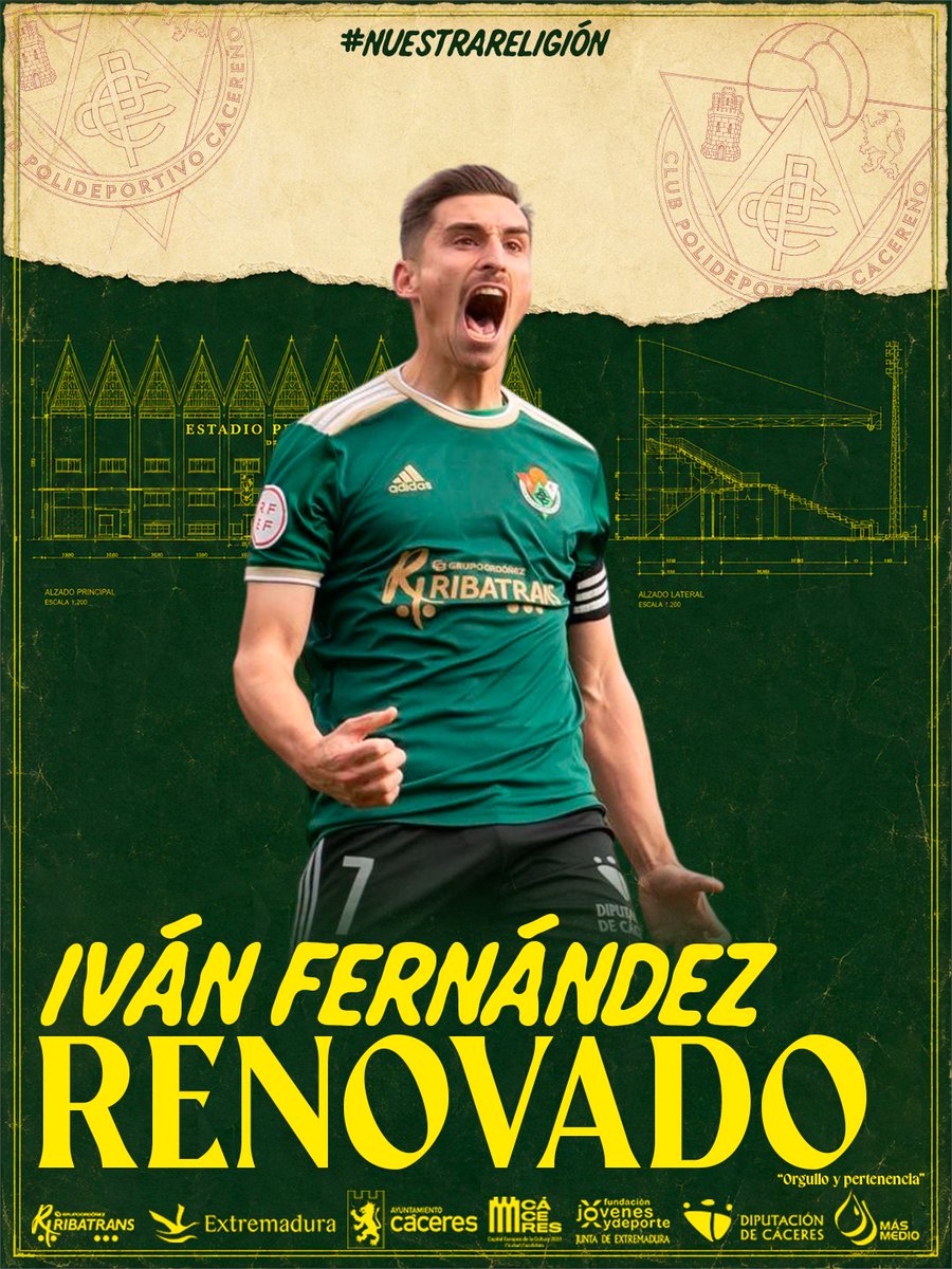 CPCacerenoSAD's tweet photo. ✍🏻 @IvanFdez5 sigue CREYENDO en #NuestraReligión y renueva para la temporada 2026/2027.

💚 El ariete iniciará su cuarta temporada en el club y ha sido una figura CLAVE Y EJEMPLAR en las tres temporadas completas que ya ha estado con nosotros, sumando un total de 17 goles entre 2ª y 1ªRFEF.

🙌🏻 ¡Qué alegría poder seguir disfrutando de tu fútbol, Iván!

#NuestraReligión #AúpaCPC