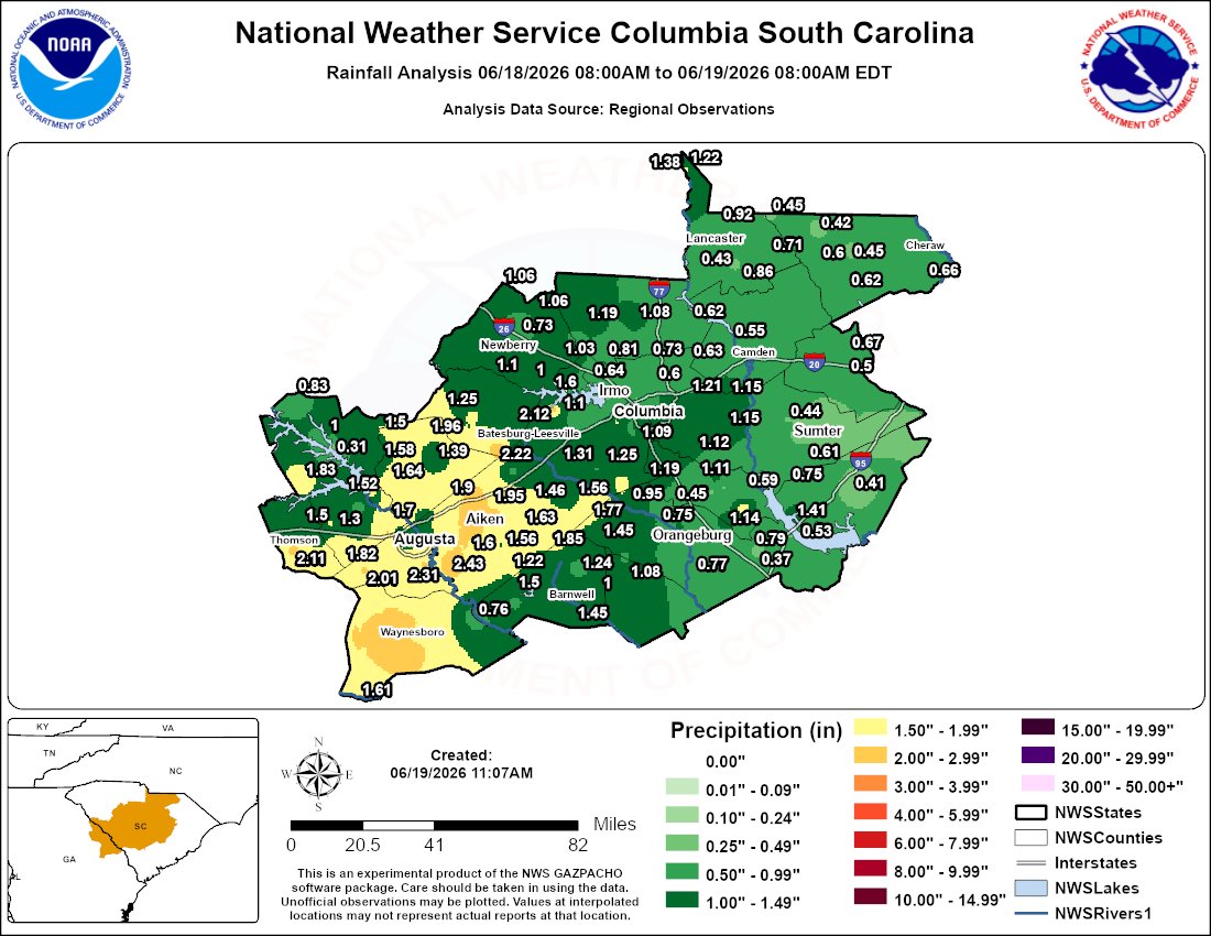 NWSColumbia's tweet photo. Here are the latest observations from the last 24 hours for both rainfall and maximum wind gusts. Heaviest rain was generally observed in the Central Savannah River Area with max winds observed with a line of storms that moved through the area during the evening. https://t.co/UBct125lJO