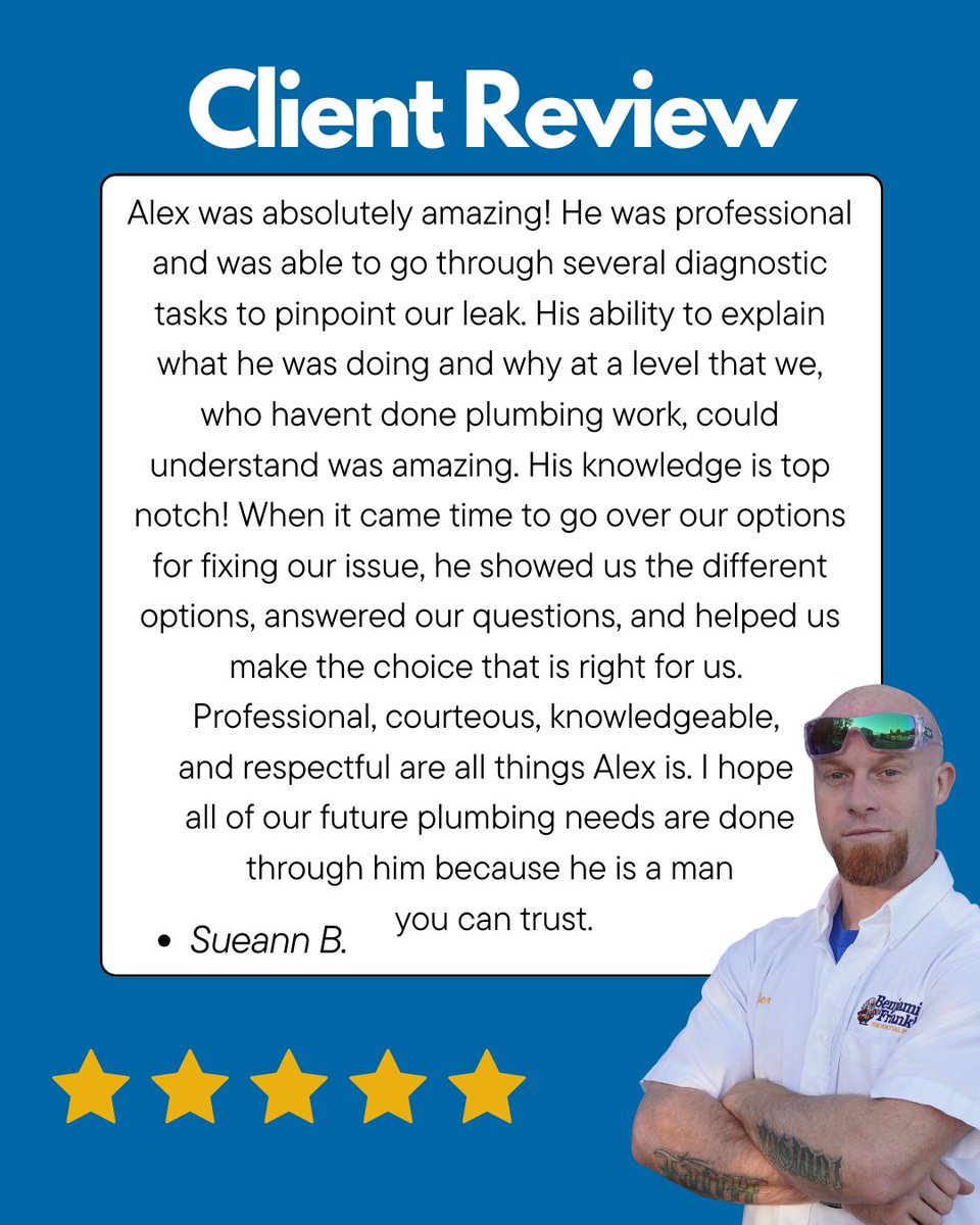 BenFrankWichita's tweet photo. This week's 5 Star Friday goes to Alex! A great communicator as well as a great plumber! 
#ICT #wichitaplumbing #BenFranklin #punctualplumber https://t.co/dQgJcQwZcU