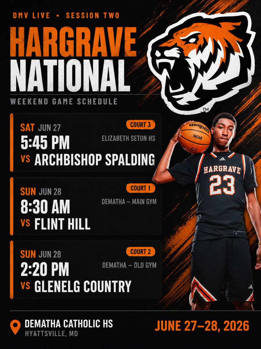 Petty_Inc's tweet photo. 🏀 DMV LIVE SESSION II

Hargrave National heads to DeMatha with one of the most talented groups in the country.

⭐ Isaac Smith | 6'6 Wing 📈 Rivals Top 10 National Prospect 🔥 Multiple High-Major Offers

⭐ Blake Suttle | 6'9 Forward 📬 Division I Prospect 📍 Elite Size & Upside

⭐ Caleb Nixon | 6'5 Guard 🎯 One of NC's Top Shooters 🏀 Campbell Offer | Interest from Wofford & Presbyterian

📅 June 27-28 📍 DeMatha Catholic HS | Hyattsville, MD

🆚 Archbishop Spalding 🆚 Flint Hill 🆚 Glenelg Country

College coaches will be in attendance.

#HargraveNational #DMVLive #PrepHoops #BasketballRecruiting @23isaacsmith @CalebNixon2027 @BlakeSuttl8703 #TigerNation