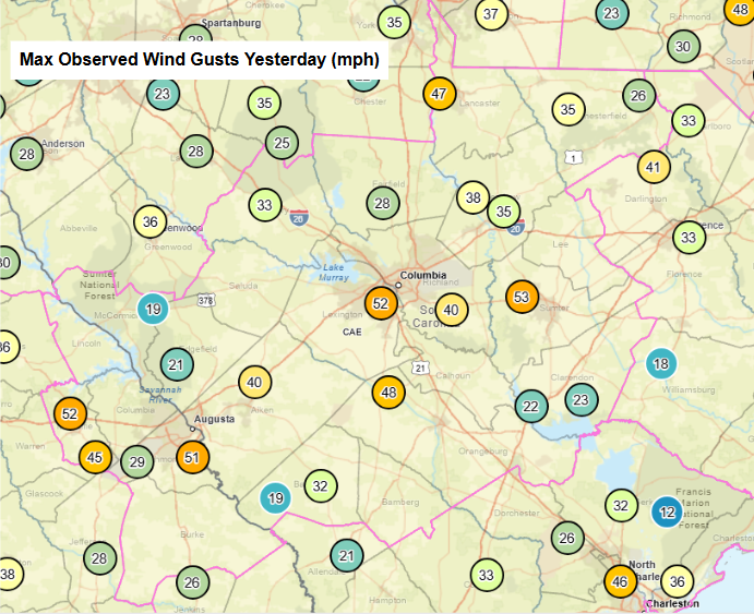NWSColumbia's tweet photo. Here are the latest observations from the last 24 hours for both rainfall and maximum wind gusts. Heaviest rain was generally observed in the Central Savannah River Area with max winds observed with a line of storms that moved through the area during the evening. https://t.co/UBct125lJO