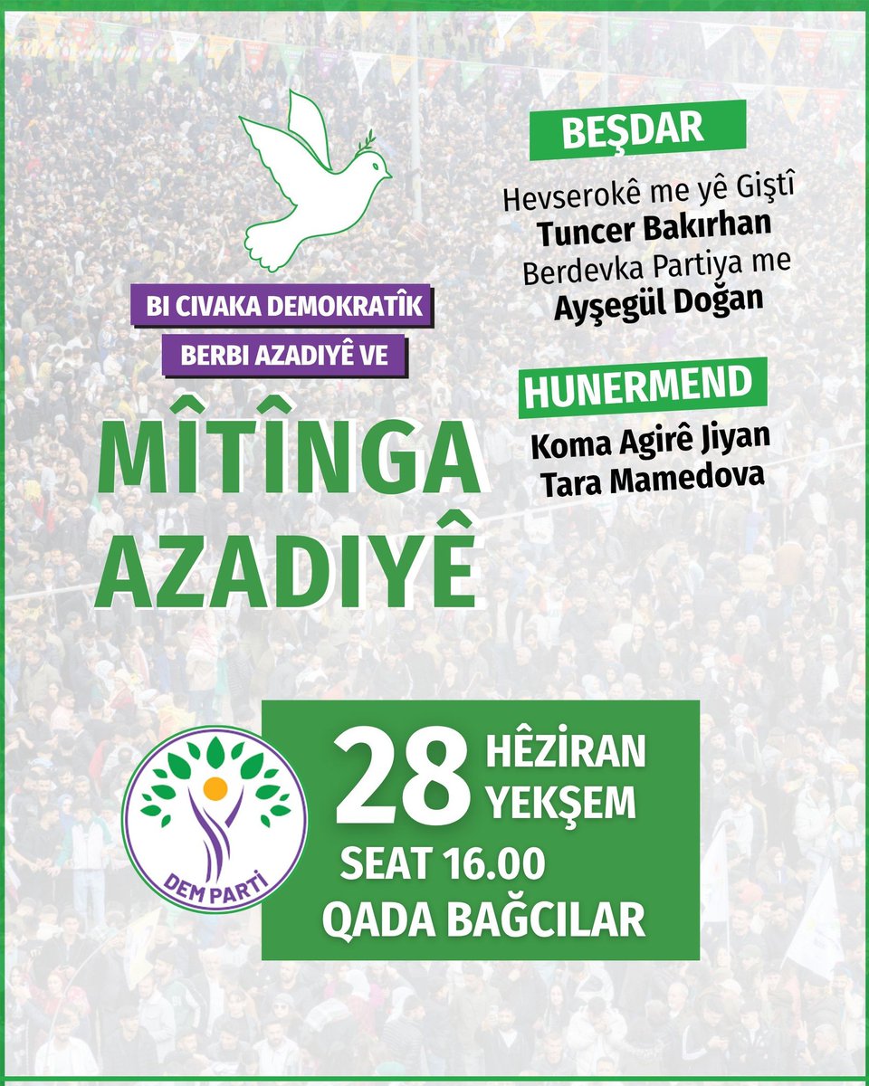dempartistanbul's tweet photo. Werin em bi hev re di Mîtînga Azadiyê de dengê xwe ji bo aştî û demokrasiyê bilind bikin.

Werin em roja Yekşemê, 28ê Hezîranê, saet 4ê êvarê li Qada Bağcılarê bicivin. https://t.co/rLYWYdpLuJ