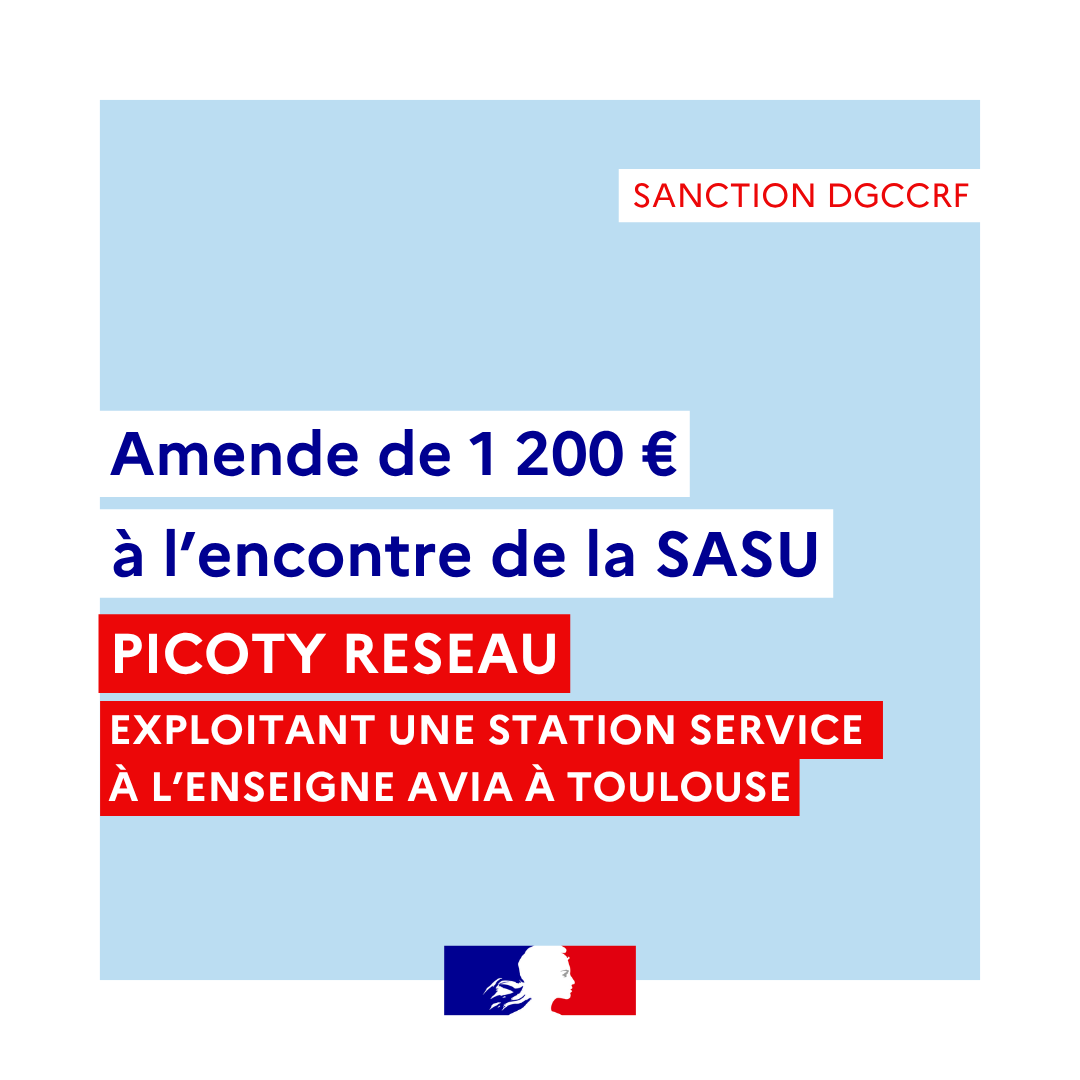 Sanction DGCCRF 
amende de 1 200 € à l’encontre de la SASU 
PICOTY RESEAU 
exploitant une station service à Toulouse 
